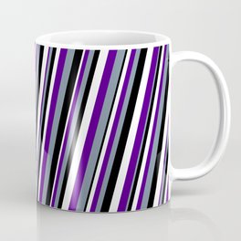 [ Thumbnail: White, Indigo, Light Slate Gray & Black Colored Lined Pattern Coffee Mug ]