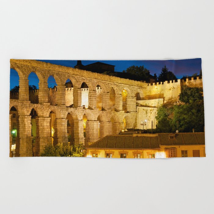 Beautiful ruins, Roman aqueduct and ancient city walls around Province of Segovia northwest of Madrid color photograph / photography Beach Towel