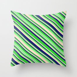 [ Thumbnail: Lime Green, Light Green, Bisque, and Midnight Blue Colored Lined Pattern Throw Pillow ]