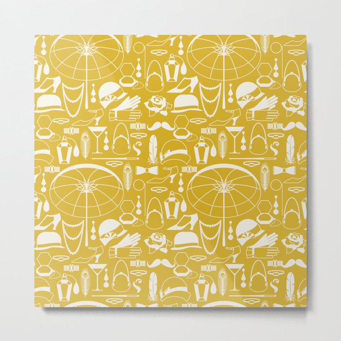 White Old-Fashioned 1920s Vintage Pattern on Mustard Yellow Metal Print