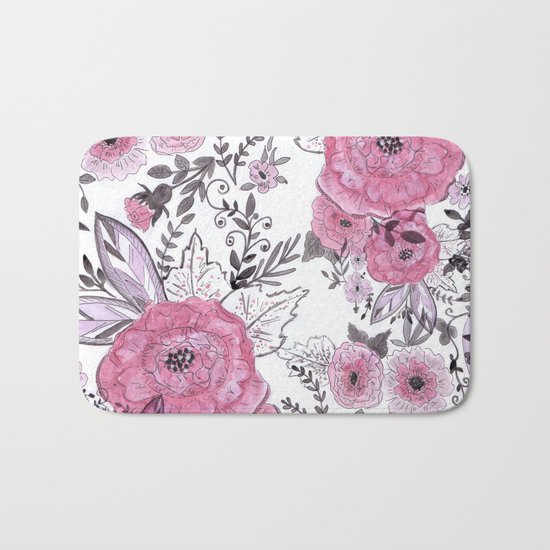 Watercolor roses with black and gray leaves . Bath Mat