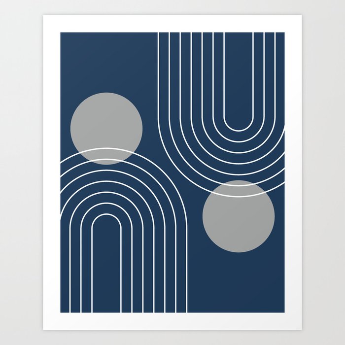 Mid Century Modern Geometric 106 in Navy Blue and Grey (Rainbow and Sun Abstraction) Art Print