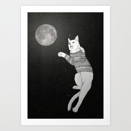 Cat trying to catch the Moon Art Print