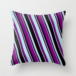 [ Thumbnail: Powder Blue, Purple, and Black Colored Striped/Lined Pattern Throw Pillow ]