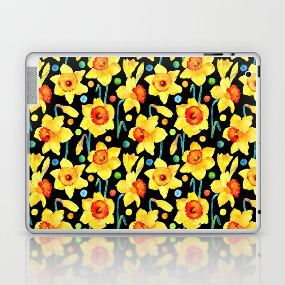 Yellow Daffodils with a Black Background Laptop & iPad Skin