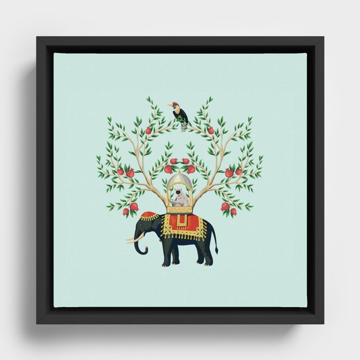 Chinoiserie Indian Elephant & Monkey Exotic Floral Framed Canvas