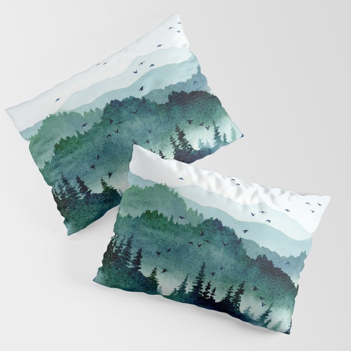 Watercolor Mountains - Handpainted Landscape Art Pine Trees Forest Wanderlust Pillow Sham
