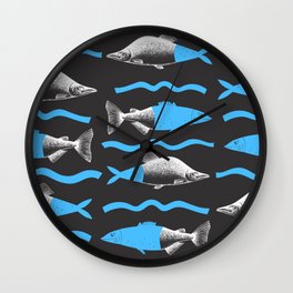 Hand Drawn Salmon Fish Collage  on a Dark Background Wall Clock