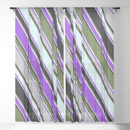 [ Thumbnail: Colorful Dark Olive Green, Light Cyan, Purple, Grey, and Black Colored Lined/Striped Pattern Sheer Curtain ]