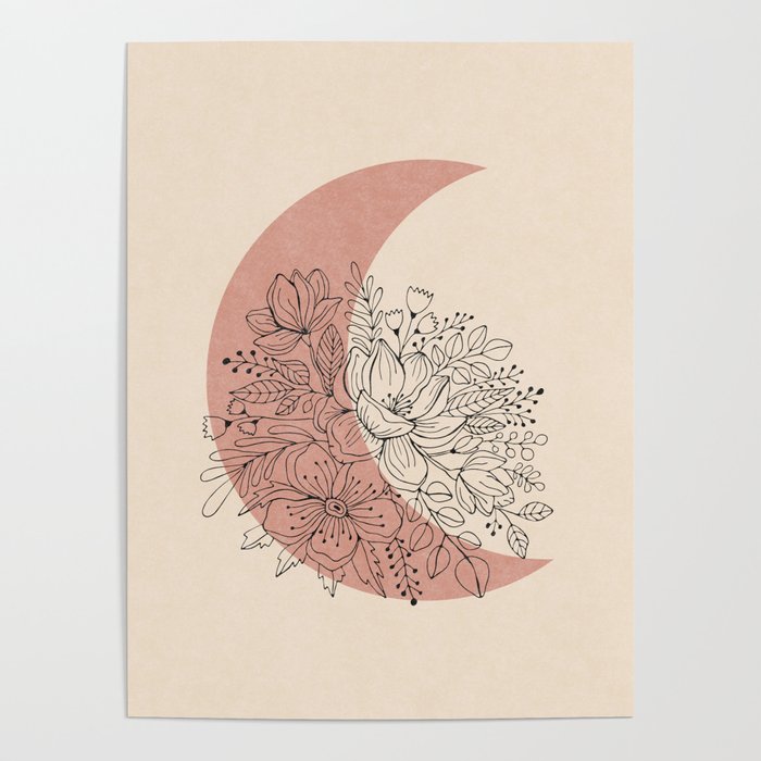 Terracotta and blush pink abstract moon and floral art Poster