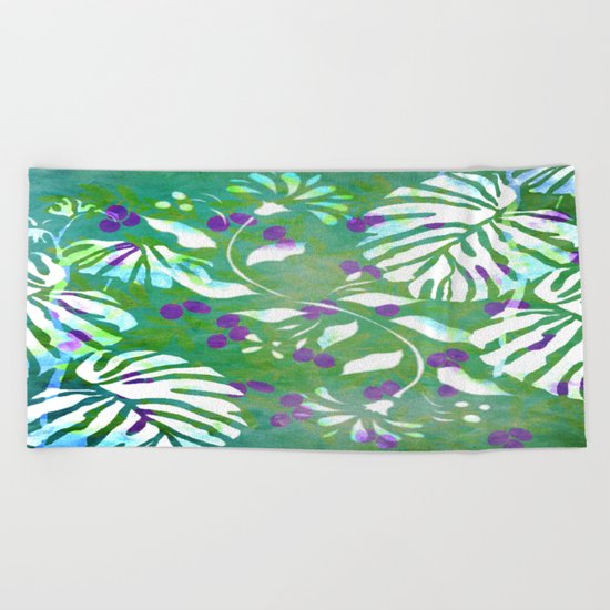 Tropical Flowers and Leaves Abstract Beach Towel