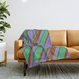 [ Thumbnail: Purple, Sea Green & Brown Colored Lined/Striped Pattern Throw Blanket ]