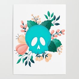 Teal Skull with Floral Adornment Poster
