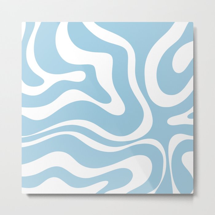 Retro Modern Liquid Swirl Abstract Pattern in Baby Blue and White Metal Print