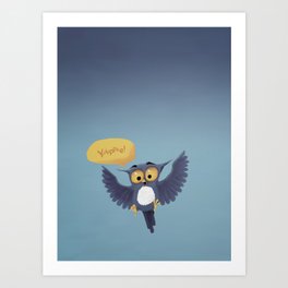 Cute little blue owl having fun. Art Print