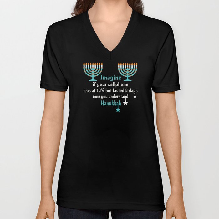 Funny Imagine Cellphone Hanukkah Candle Menorah V Neck T Shirt