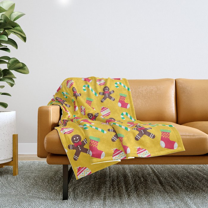 Christmas Pattern Yellow Gingerbread Ornaments Throw Blanket