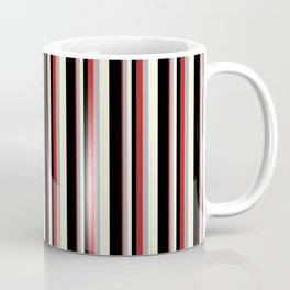 [ Thumbnail: Red, Dark Gray, Beige & Black Colored Lines/Stripes Pattern Coffee Mug ]