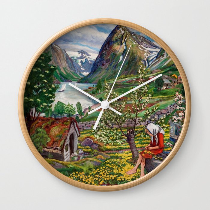 Alpine Lake Landscape, 'Girl, Springtime & Marigolds' by Nikolai Astrup Wall Clock