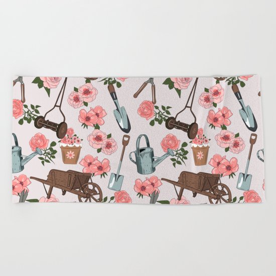 Vintage gardening pattern Beach Towel