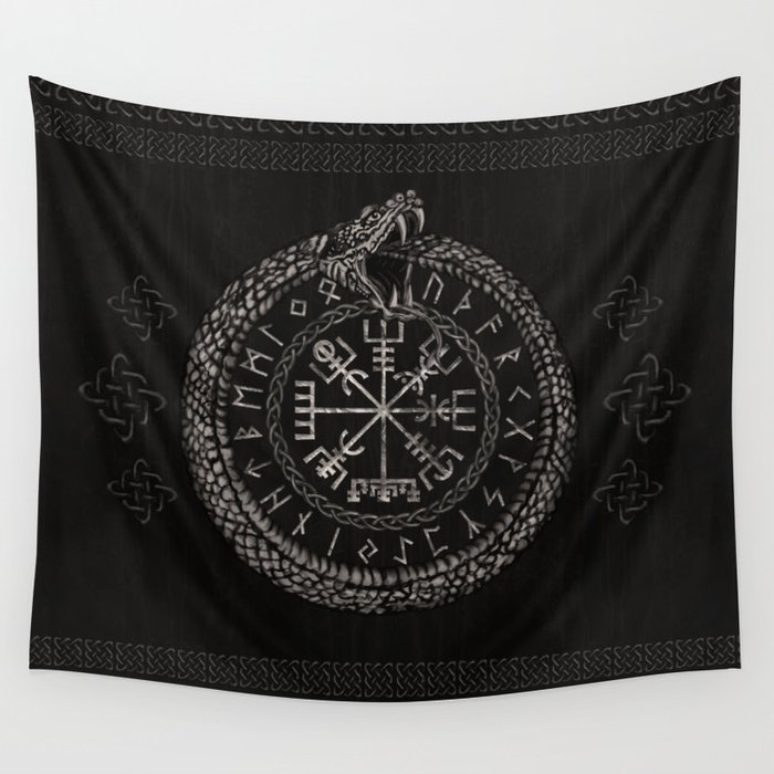 Vegvisir with Ouroboros and runes Wall Tapestry