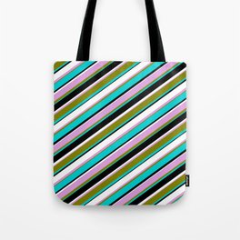 [ Thumbnail: Colorful Plum, Green, Dark Turquoise, Black, and White Colored Lined/Striped Pattern Tote Bag ]