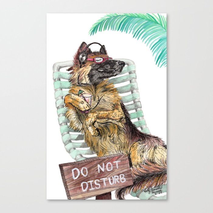 Lounge in the Sun, funny German shepherd dog GSD watercolor painting Canvas Print