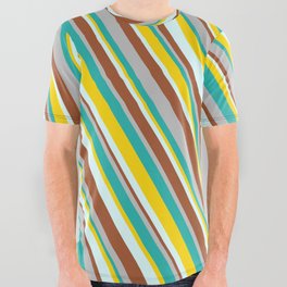 [ Thumbnail: Colorful Grey, Light Sea Green, Yellow, Light Cyan & Sienna Colored Pattern of Stripes All Over Graphic Tee ]