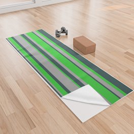 [ Thumbnail: Dark Slate Gray, Lime Green & Dark Gray Colored Stripes Pattern Yoga Towel ]