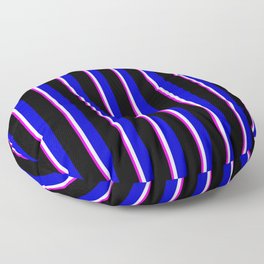 [ Thumbnail: Fuchsia, White, Blue, and Black Colored Lines Pattern Floor Pillow ]