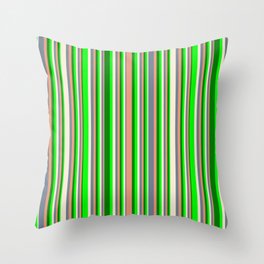 [ Thumbnail: Eyecatching Lime, Green, Dark Salmon, Slate Gray & Beige Colored Striped/Lined Pattern Throw Pillow ]
