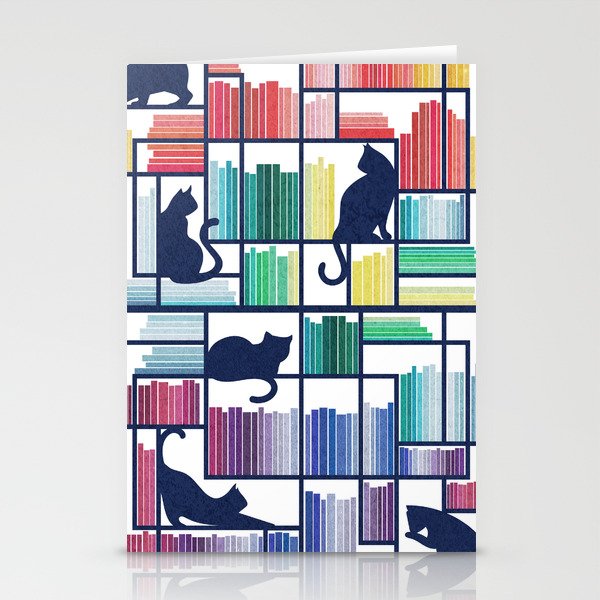 Rainbow bookshelf // white background navy blue shelf and library cats Stationery Cards
