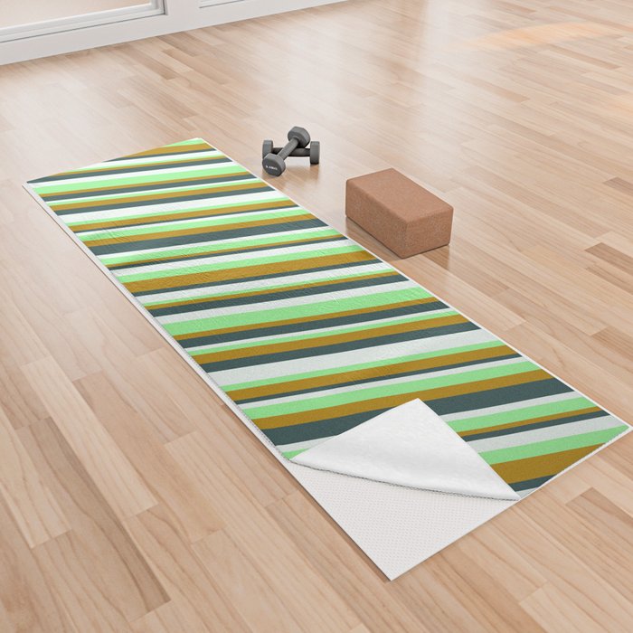 Green, Dark Goldenrod, Dark Slate Gray & Mint Cream Colored Lines/Stripes Pattern Yoga Towel