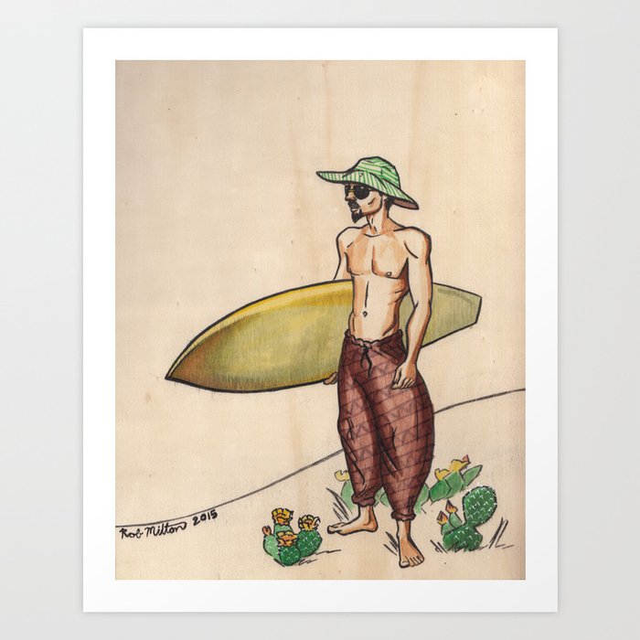 The Lost Surfer; Cactus in the Sand Art Print