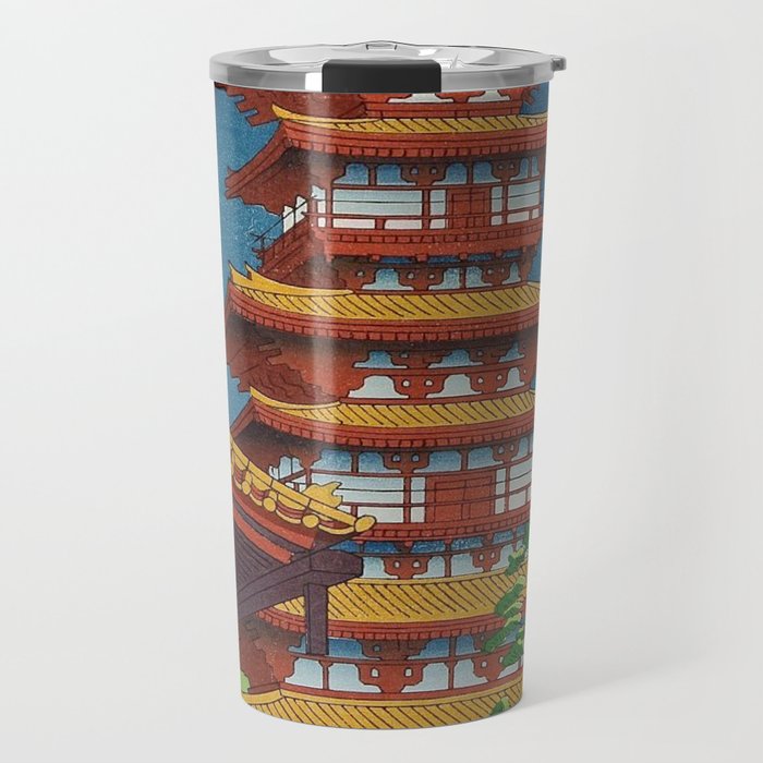 Japanese Woodblock Print Vintage Asian Art Colorful woodblock prints Pagoda Shinto Shrine Travel Mug