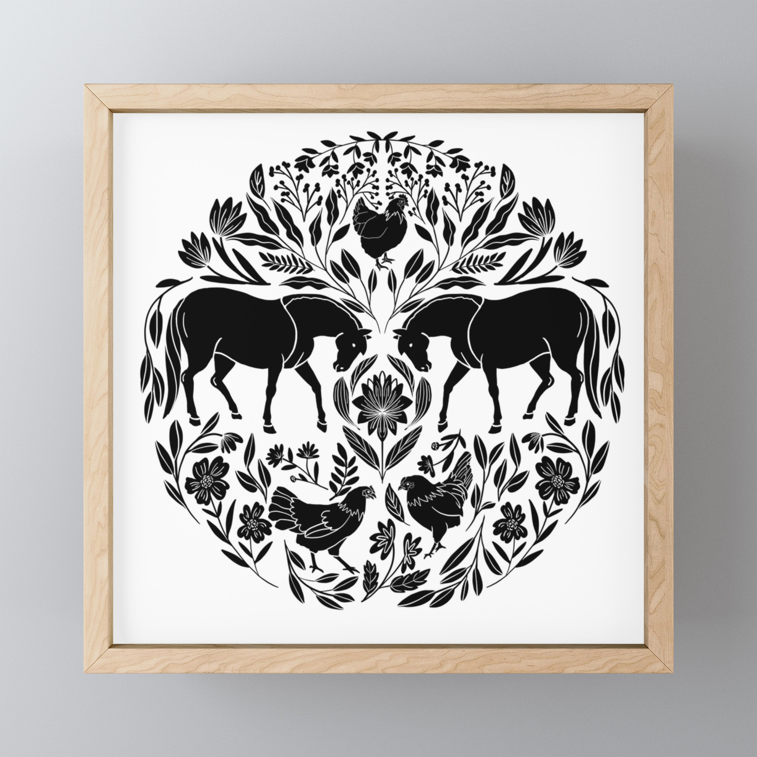 Modern Folk Art Horses Illustration With Chickens And Botanicals