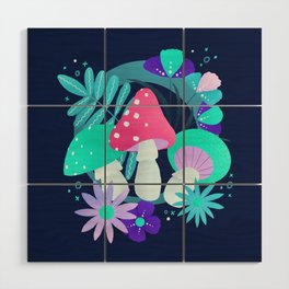 turquoise and pink mushrooms and flowers Wood Wall Art