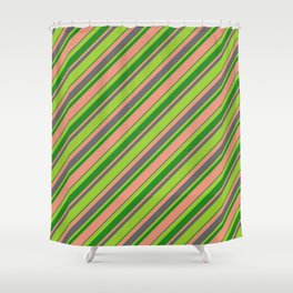 [ Thumbnail: Green, Forest Green, Dark Salmon, and Dim Gray Colored Striped/Lined Pattern Shower Curtain ]
