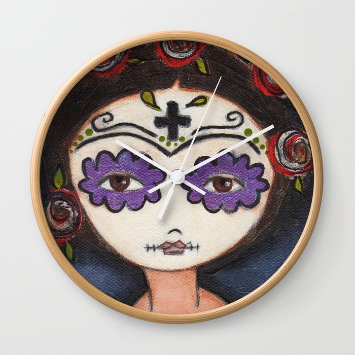 Frida with her Day of the Dead Mask by Flor Larios Wall Clock