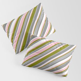 [ Thumbnail: Eye-catching Green, Dark Grey, Gray, White & Pink Colored Pattern of Stripes Pillow Sham ]