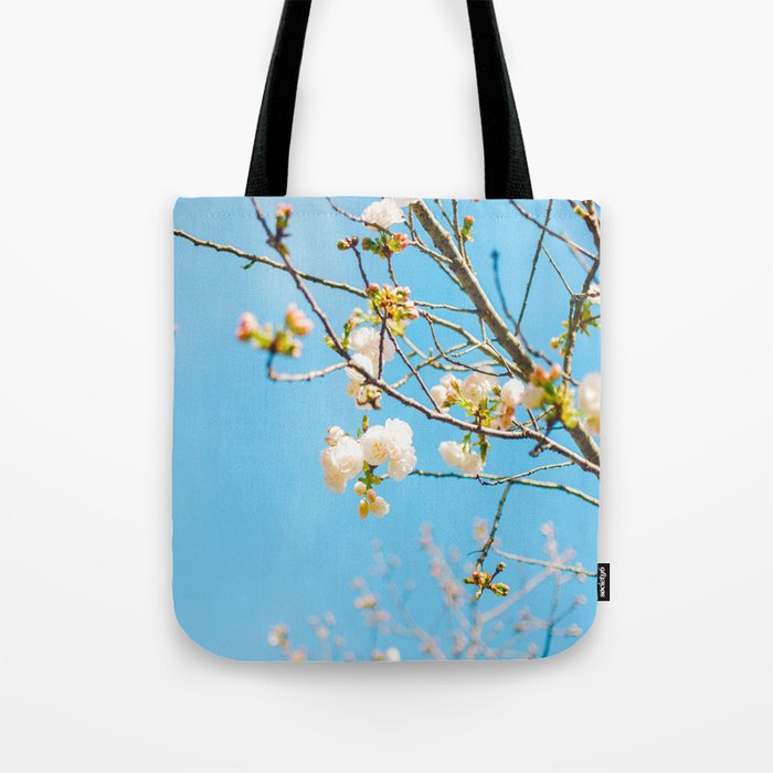 White Blossoms In Spring Against Blue Sky Tote Bag