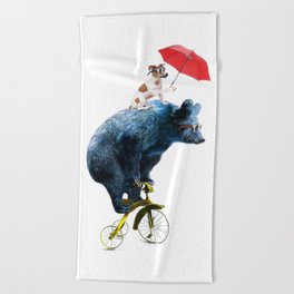 Bear with cute dog on the bike Beach Towel