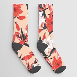 Red and white Lily flowers botanical seamless pattern design Socks