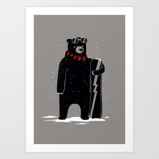 Bear on snowboard Art Print