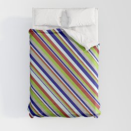 [ Thumbnail: Blue, Light Cyan, Brown, Green, and Grey Colored Striped Pattern Comforter ]