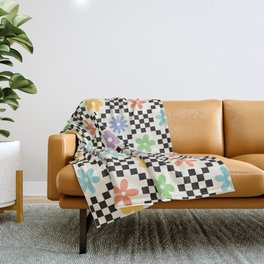 Retro Colorful Flower Double Checker Throw Blanket