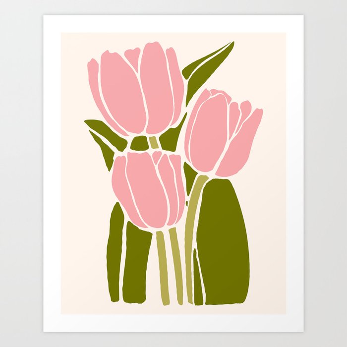 Pink Tulips Retro Flowers Art Print