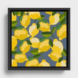 Fresh Lemon Summer Vibe Art Design on Blue Framed Canvas