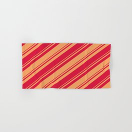 [ Thumbnail: Brown and Crimson Colored Stripes/Lines Pattern Hand & Bath Towel ]