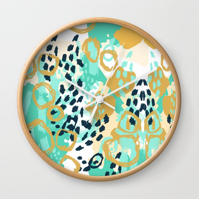 Silas - abstract print in mint, green, mustard navy Wall Clock
